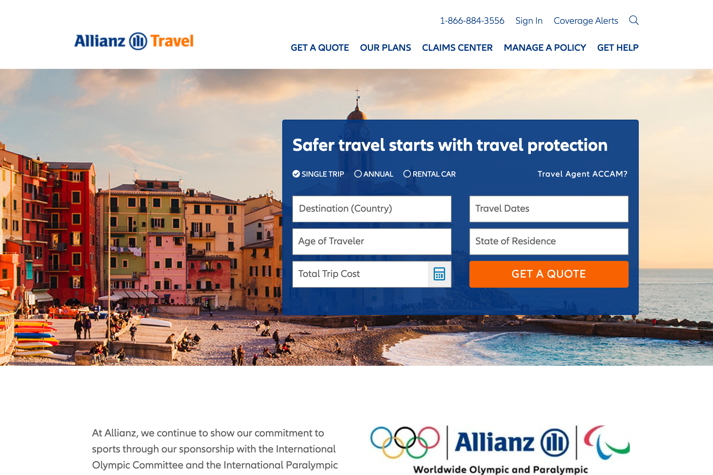 Allianz Travel homepage