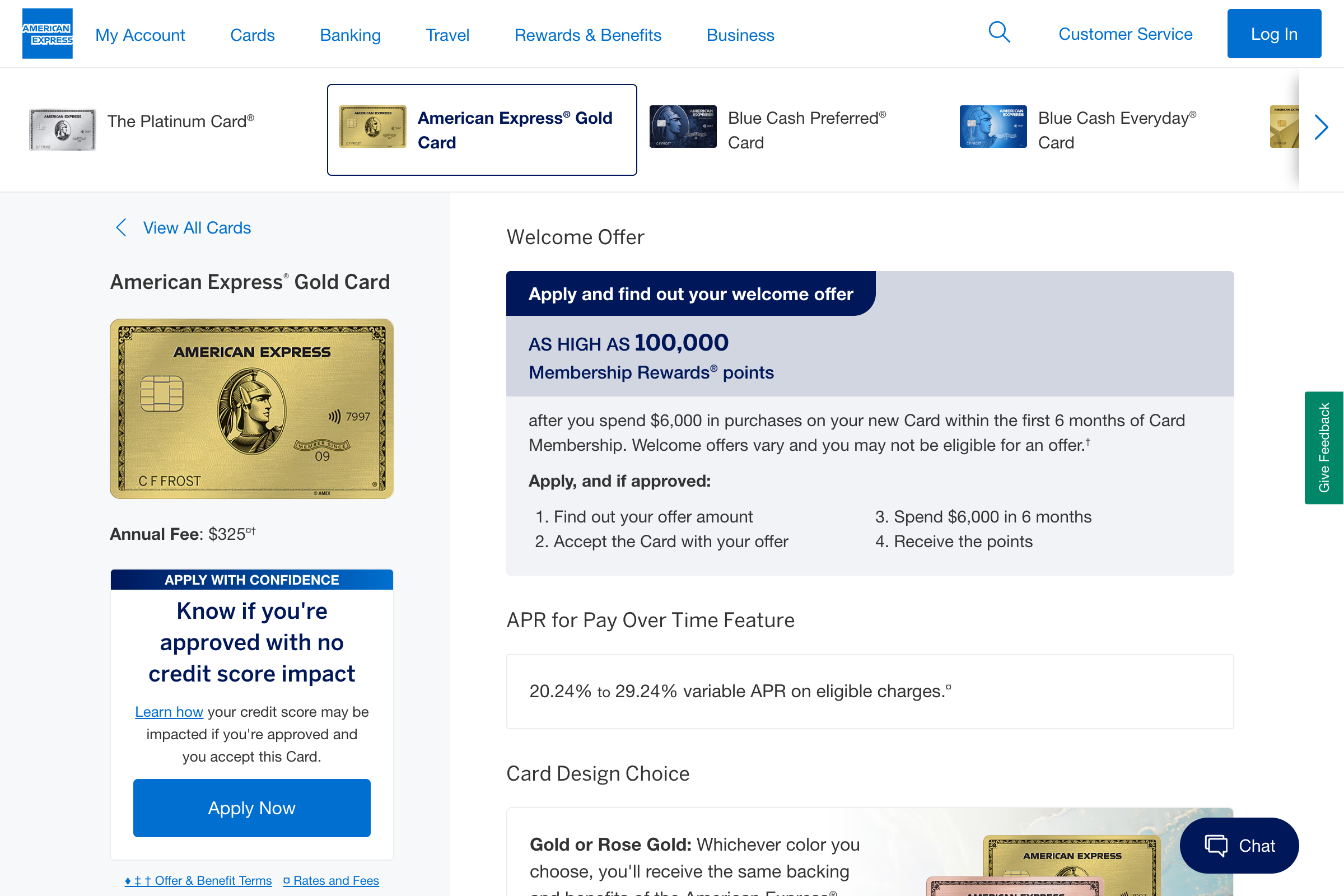 American Express Gold Card homepage
