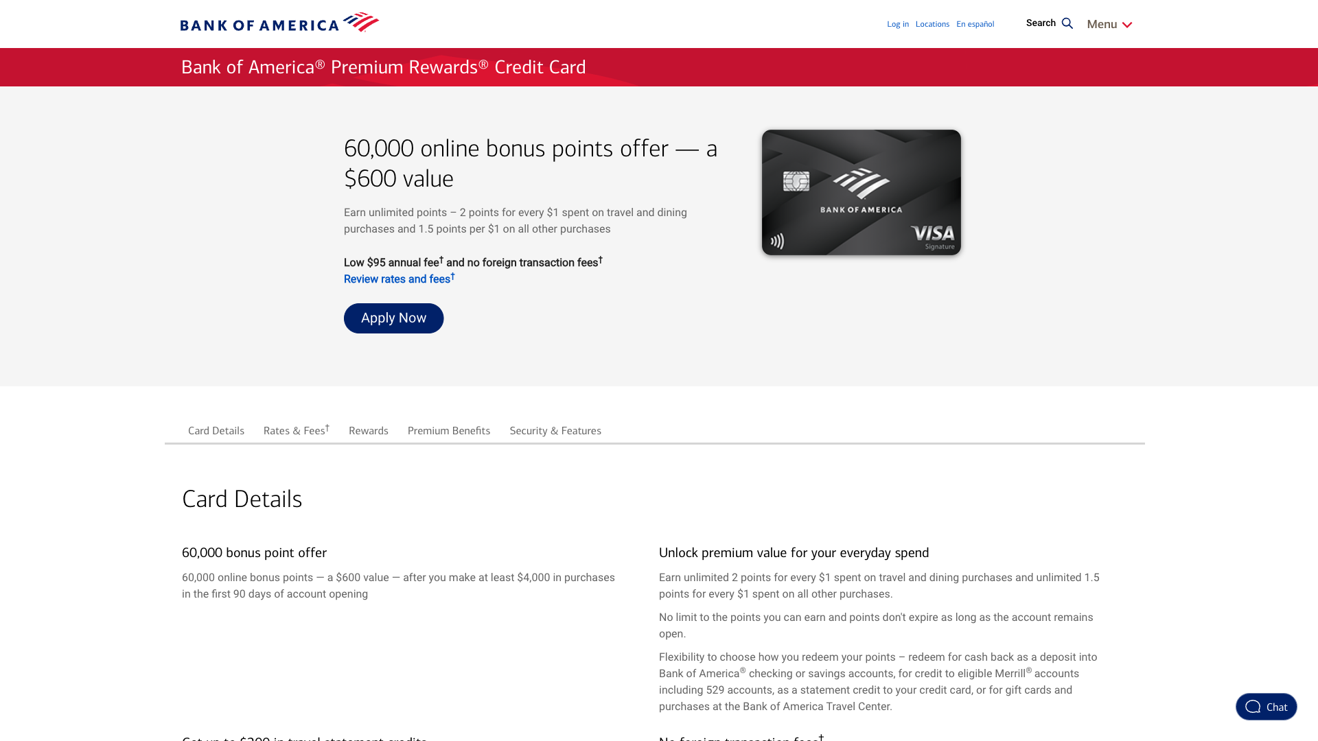 Bank of America Premium Rewards homepage