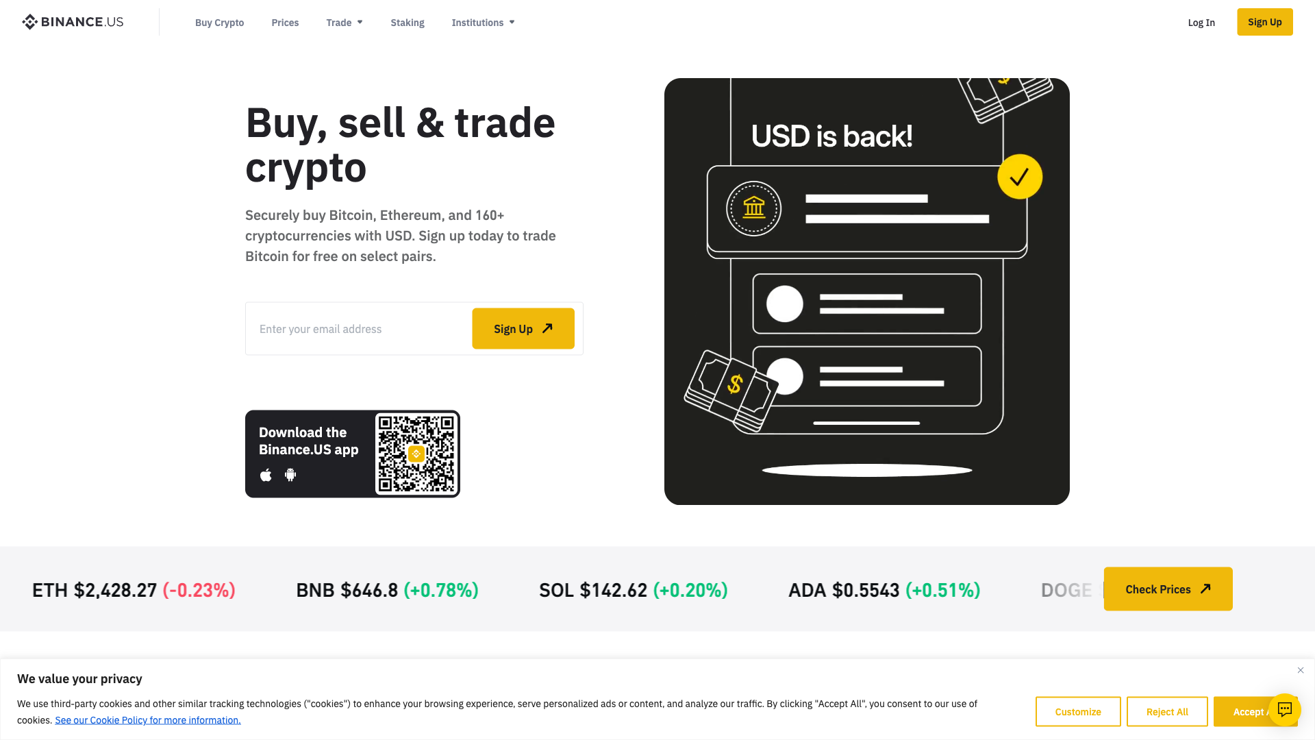 Binance.US homepage