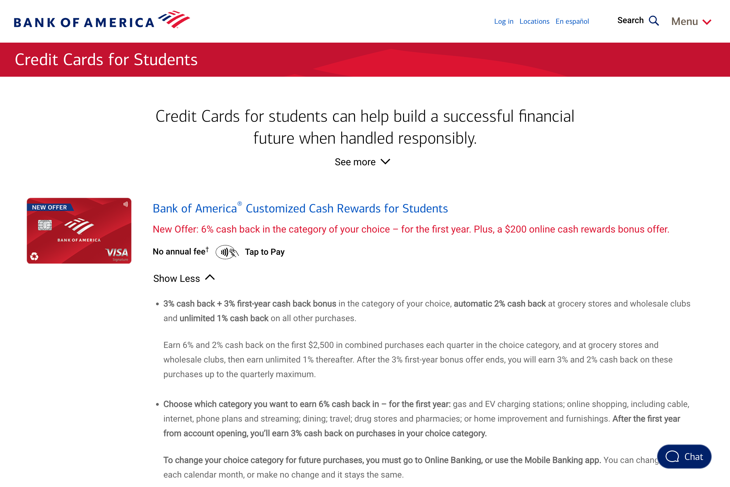 Bank of America Student Cash Rewards homepage