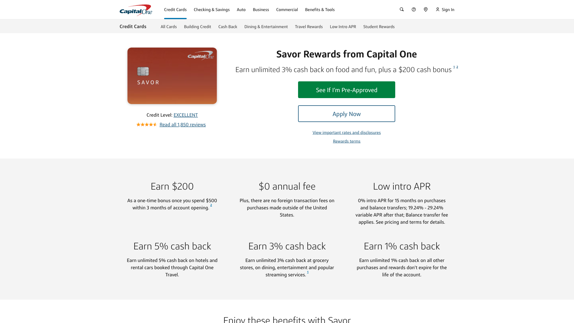 Capital One SavorOne homepage