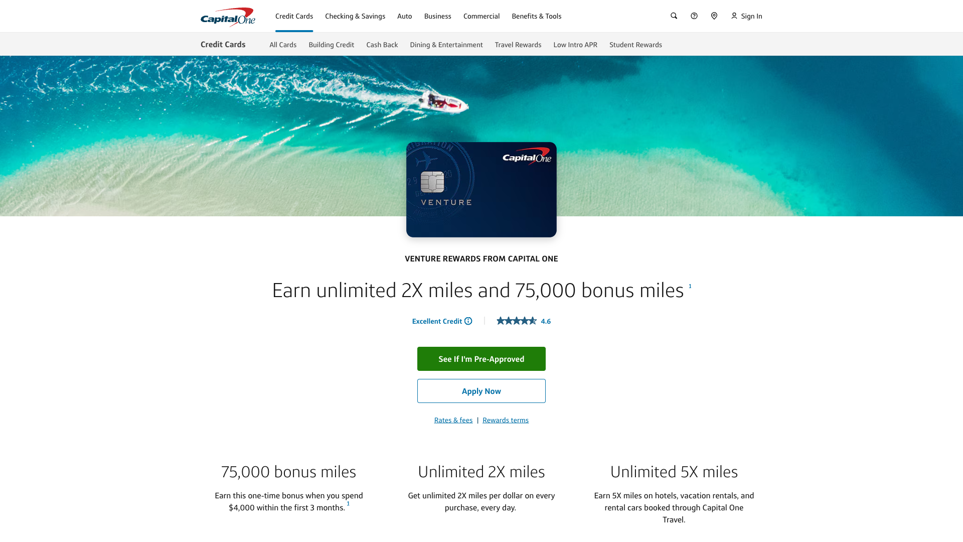 Capital One Venture Rewards homepage