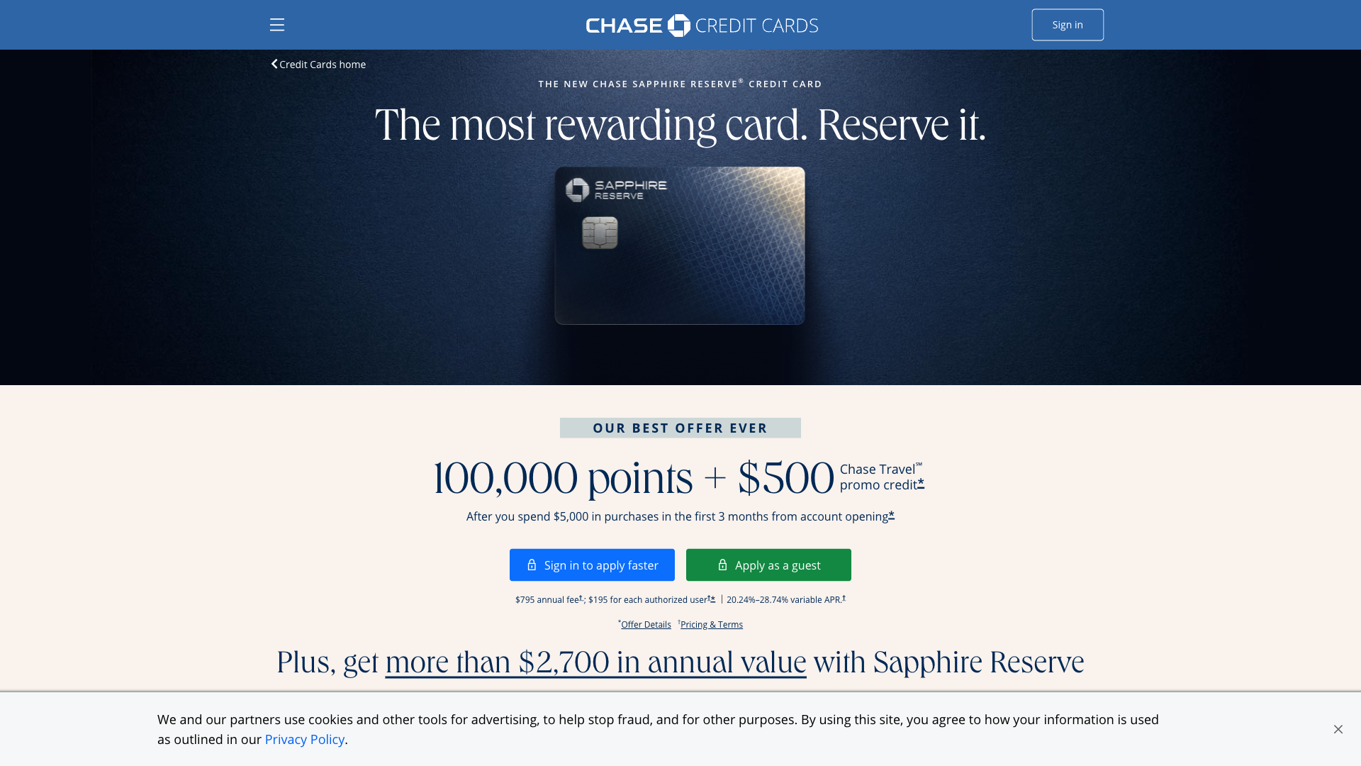 Chase Sapphire Reserve homepage
