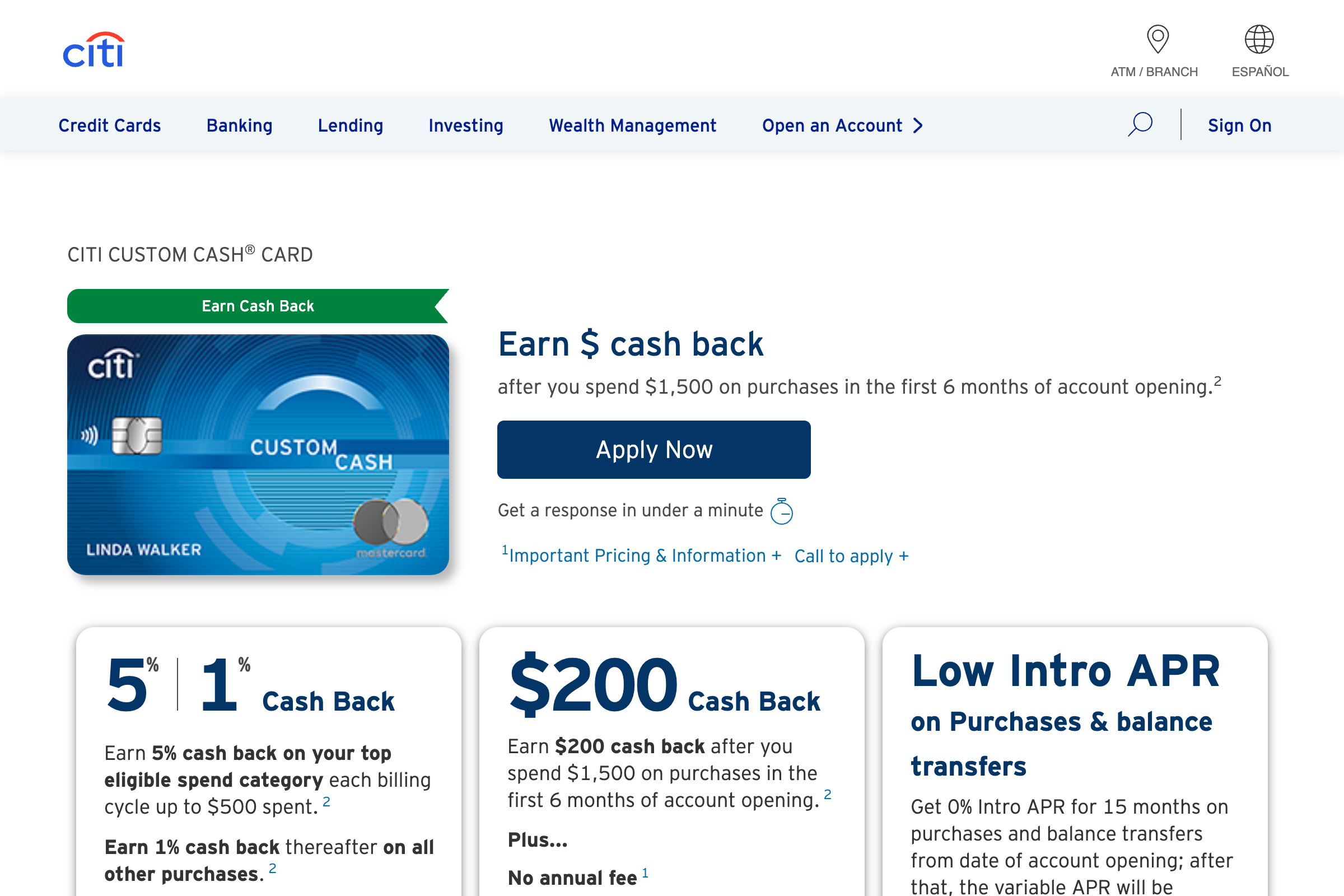 Citi Custom Cash homepage