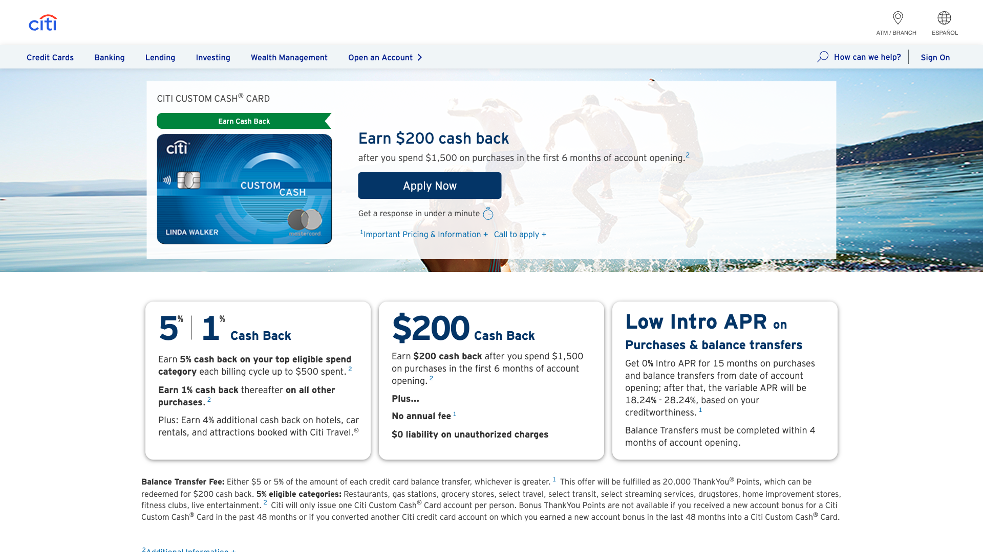 Citi Custom Cash Student homepage