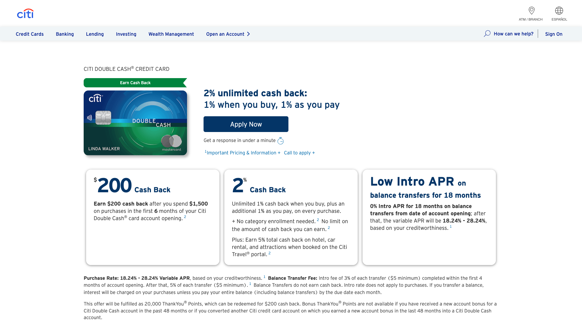 Citi Double Cash homepage