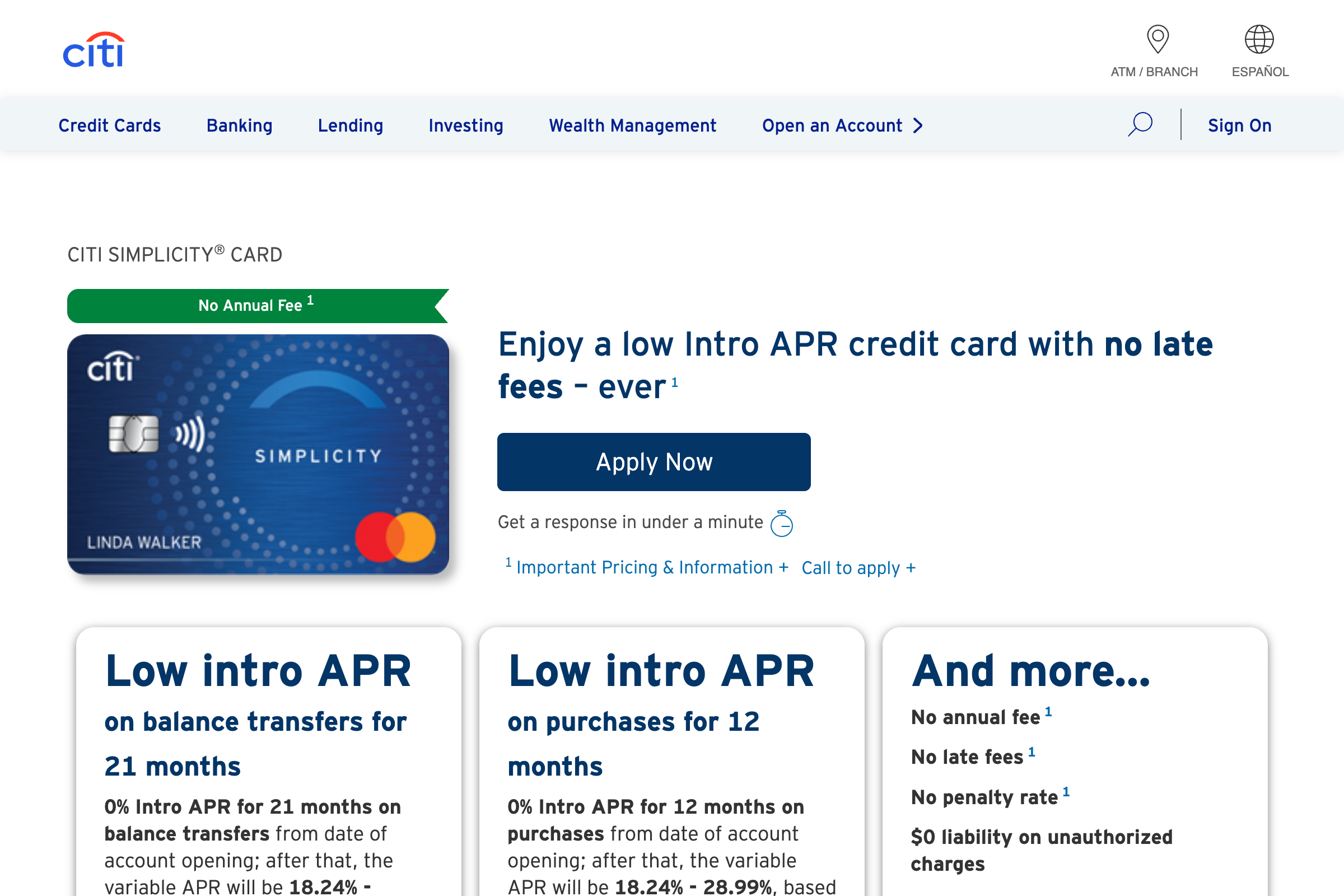 Citi Simplicity Card homepage