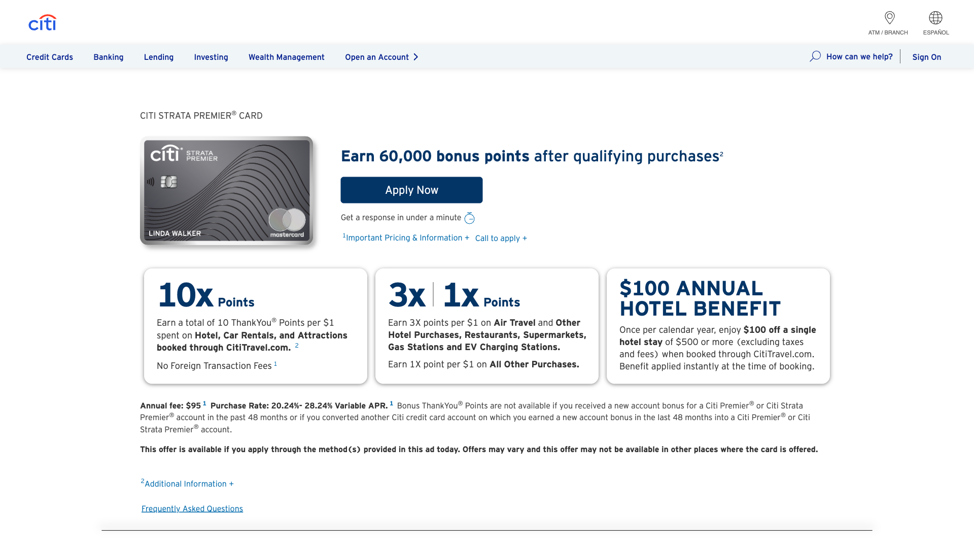 Citi Strata Premier homepage