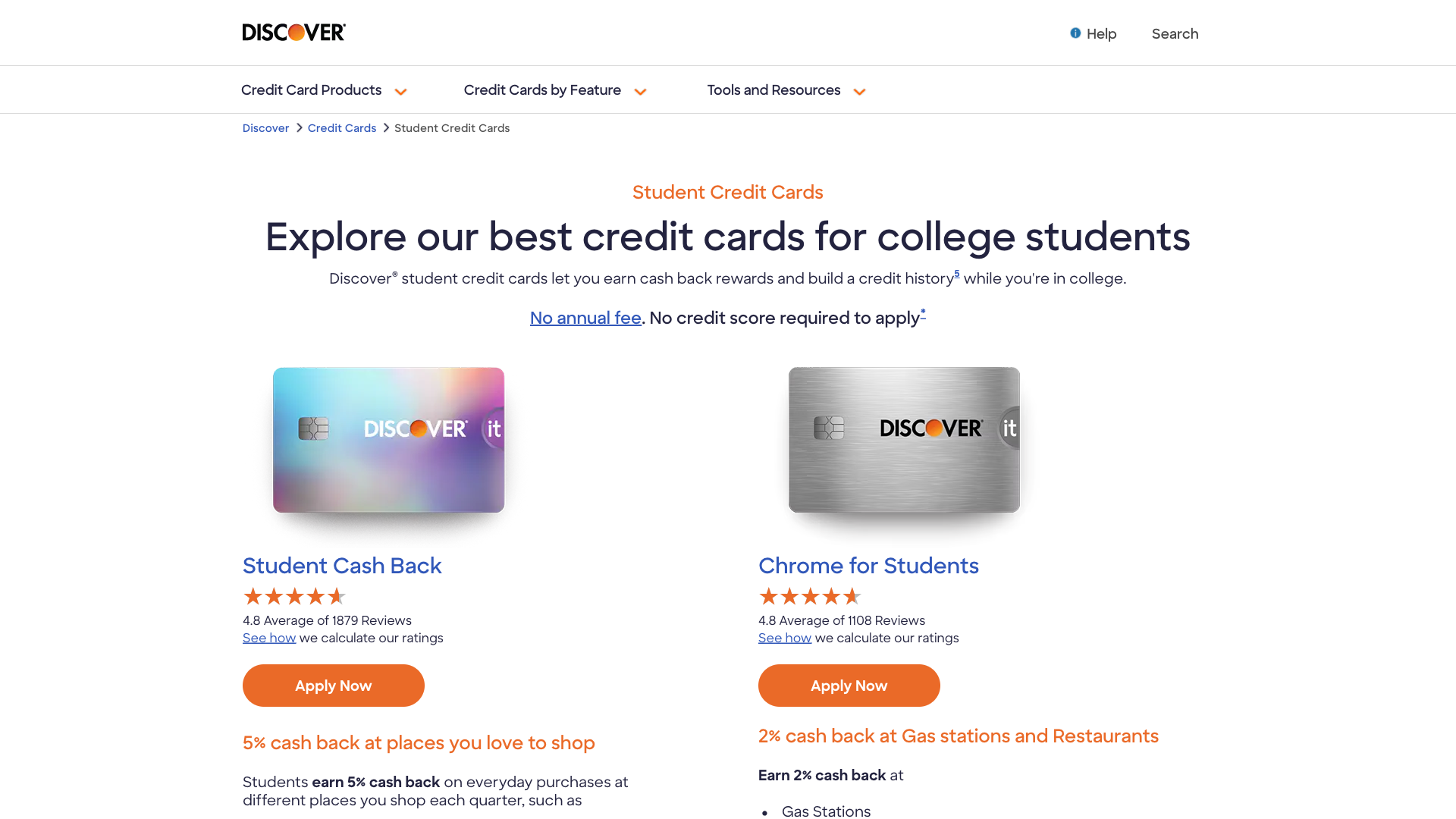 Discover it Student Cash Back homepage
