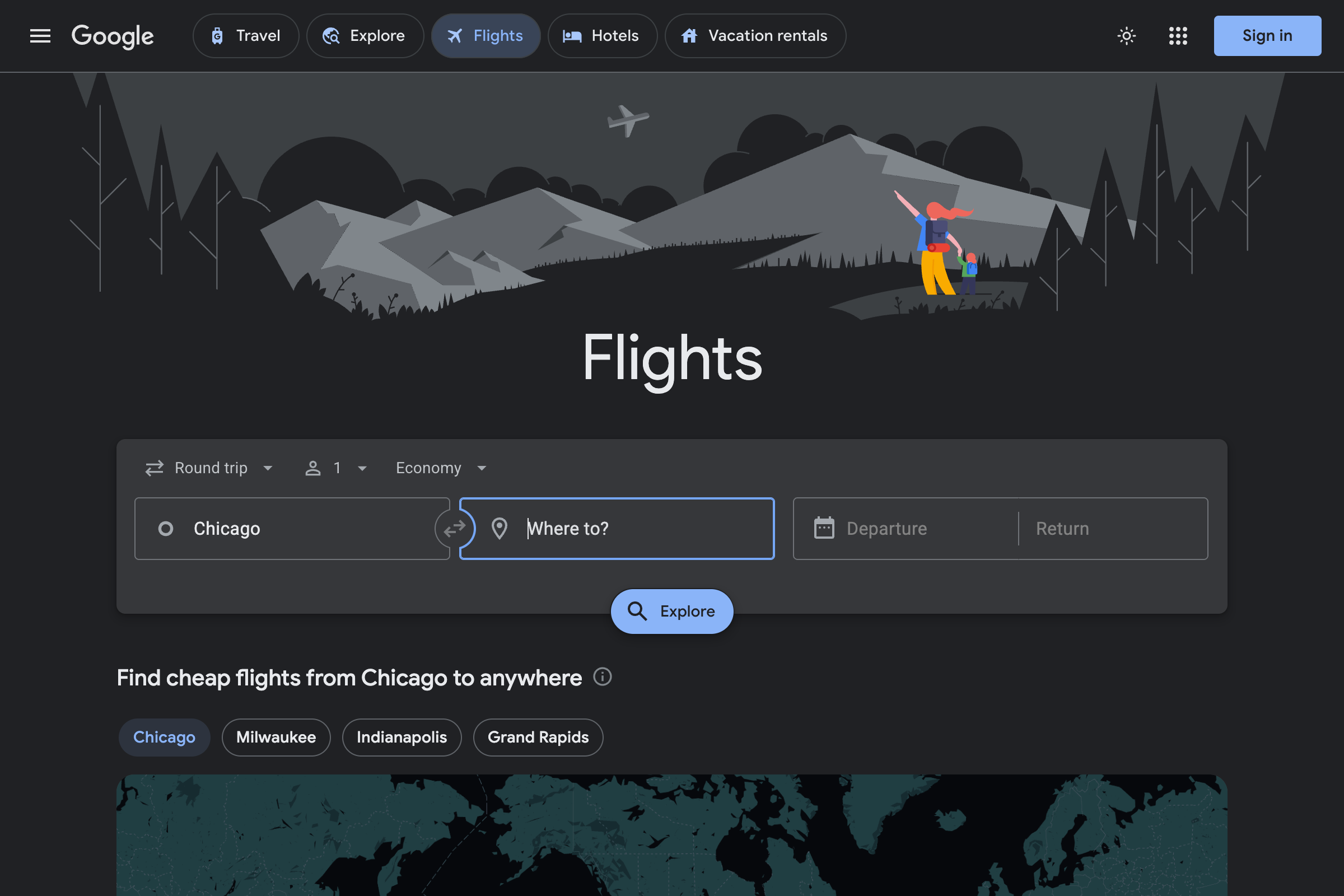 Google Flights homepage