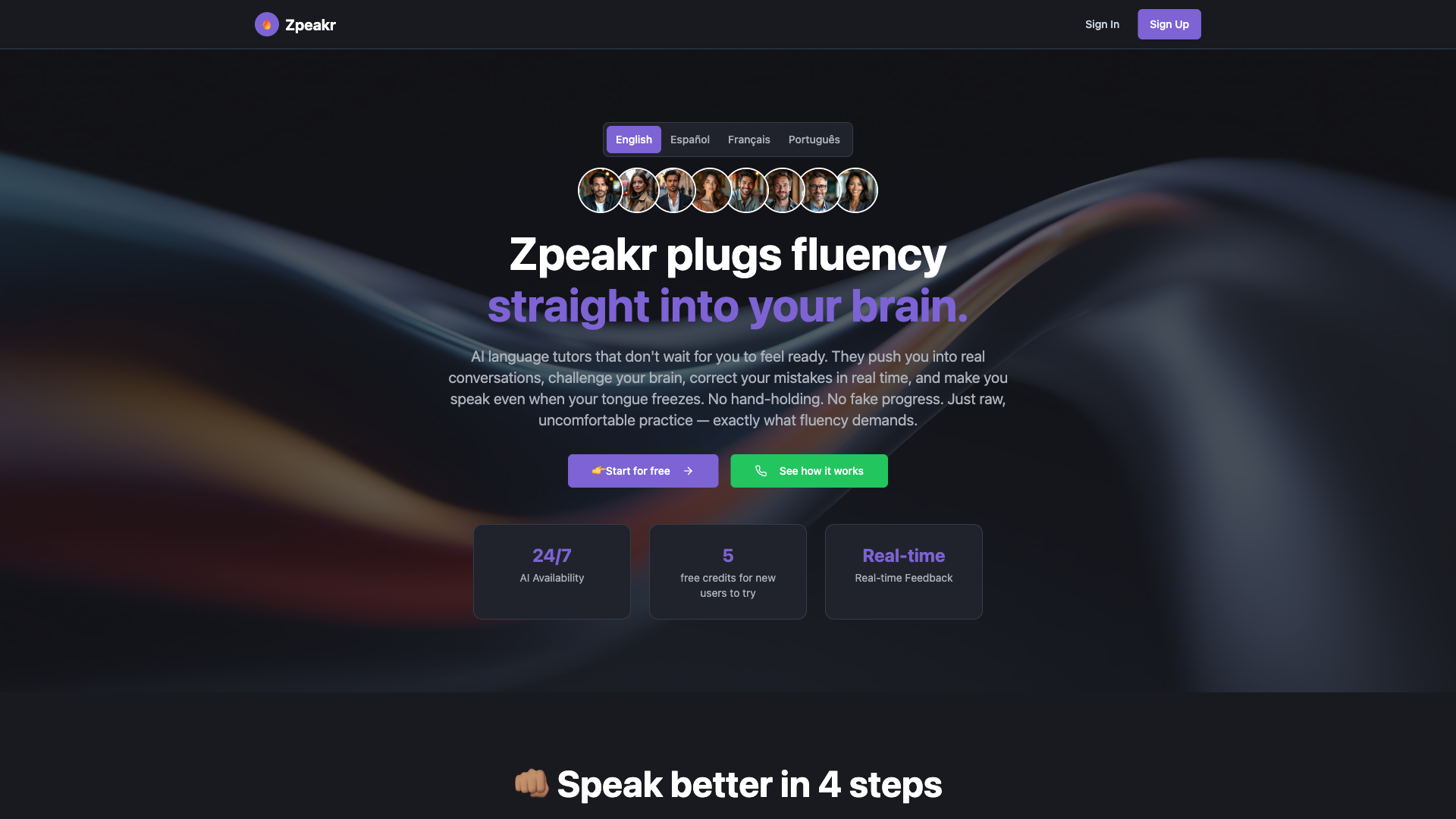 Zpeakr Review 2025: Fluency starts when your fear shuts up. Zpeakr helps. homepage
