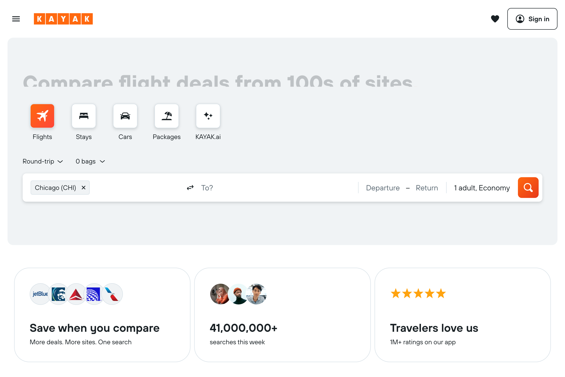 Kayak homepage